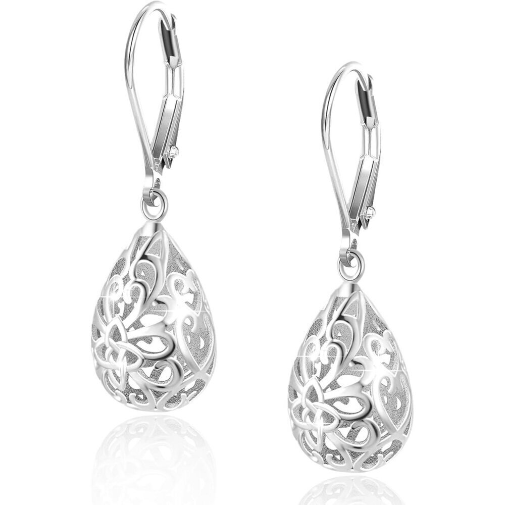 925 Sterling Silver 14K Gold French Style Leverback Earrings, Heart Dangle Drop